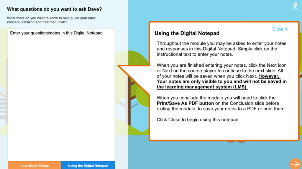 Learners are prompted to enter notes to guide treatment planning.